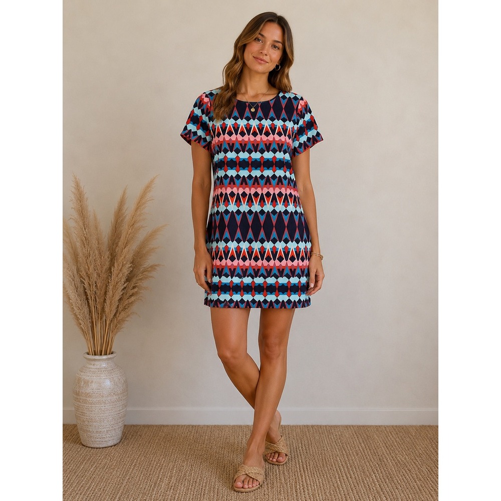 J. Crew Shift Dress Women 10 Multi-Color Geometric‎ Diamond Short Sleeve C5608